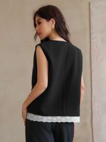 DAZY Women's 2 In 1 Contrast Color Lace Panel Sleeveless Blazer Vest Business Attire - Black and White - View 3