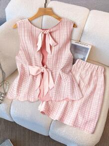 Regalyn Completo casual estivo in 2 pezzi da donna taglie forti, con camicia senza maniche con fiocco in vita, balze sull'orlo e shorts a quadri