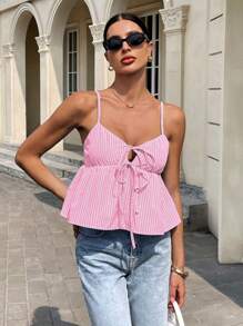 Siren Gaze Conjunto de verano para mujer 2025: Camiseta de tirantes azul con nudo delantero - y Blusas de verano informales estilo babydoll