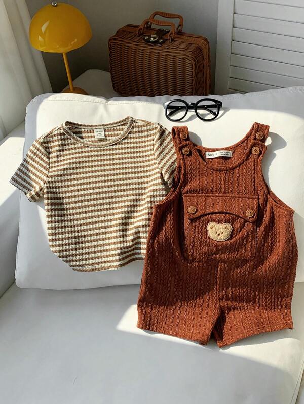 SHEIN 2pcs Baby Boy Colorful Stripe Knit Soft Crew Neck Short Sleeve Top & Suspender Shorts Set