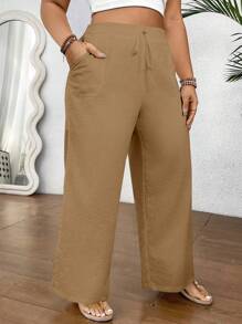 SHEIN Clasi 大码休闲纯色直筒裤 - 卡其色 - 查看 5
