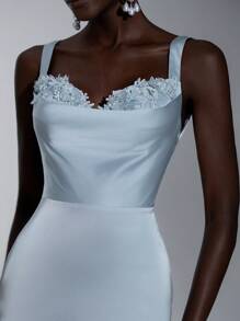 Elitara Elegante, romántico y sexy vestido de sirena azul de satén con decoración de encaje 3D floral, sin mangas, sin tirantes, hombros descubiertos y espalda descubierta, adecuado para fiestas de cumpleaños, eventos de boda y dama de honor