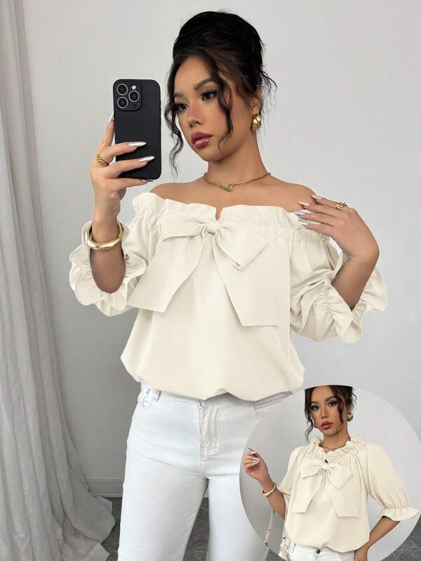 Elenzga 25pcs Women's Ruffled Bowknot Detail Blouse