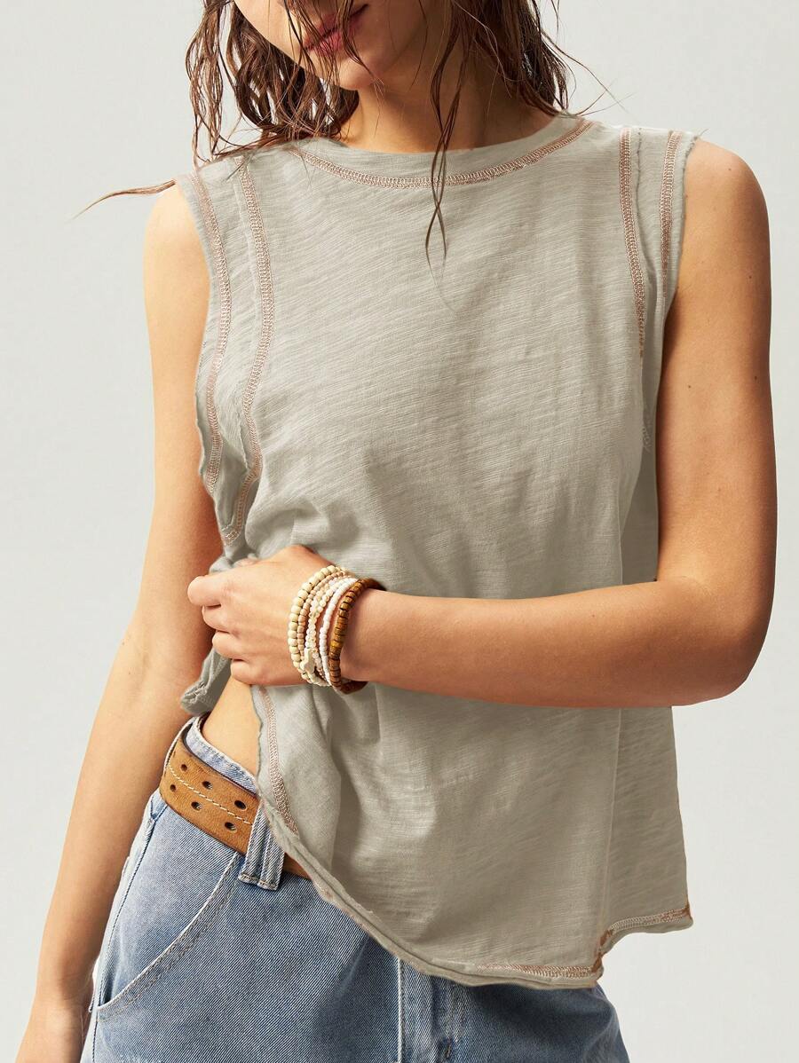 Bohemela Solid Color Knitted Loose Fit Sleeveless Top For Women - Apricot - View 1