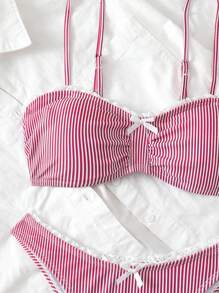 Swim Mod 2pcs/Set Women Summer Striped Print Ruffle Trim Bowknot Bikini Bathing Suit - Red - View 4