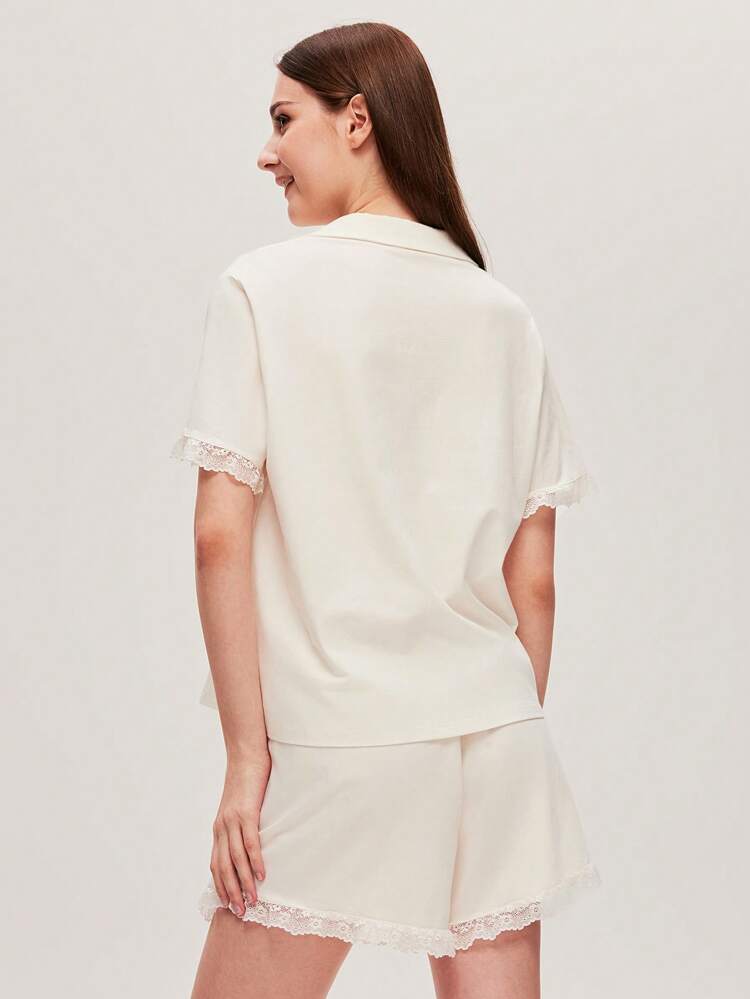 Soft Cotton Ruffle Lace Trim Button-Up Short Women Pajama Set