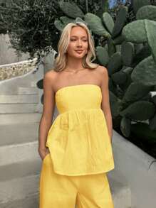 SHEIN EZwear 2件套女士芥末黄编织荷叶边下摆抹胸上衣和阔腿裤休闲套装 - 黃色 - 查看 7