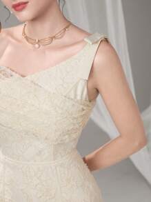 Poshira Spring And Summer Asymmetrical Collar Hem Striped Lace Composite Socialite Daughter Style Is Suitable For Birthday Parties, Ball Gowns And Cocktail Receptions.Graduation Gift Graduation Dress, Women's Fashion Formal Dress, Suspender Summer Dress For Women, Party Dress, Prom Dress