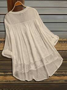 EMERY ROSE Plus Size Plain Long Sleeve Shirt, Fashion & Suitable For Summer - Apricot - View 2