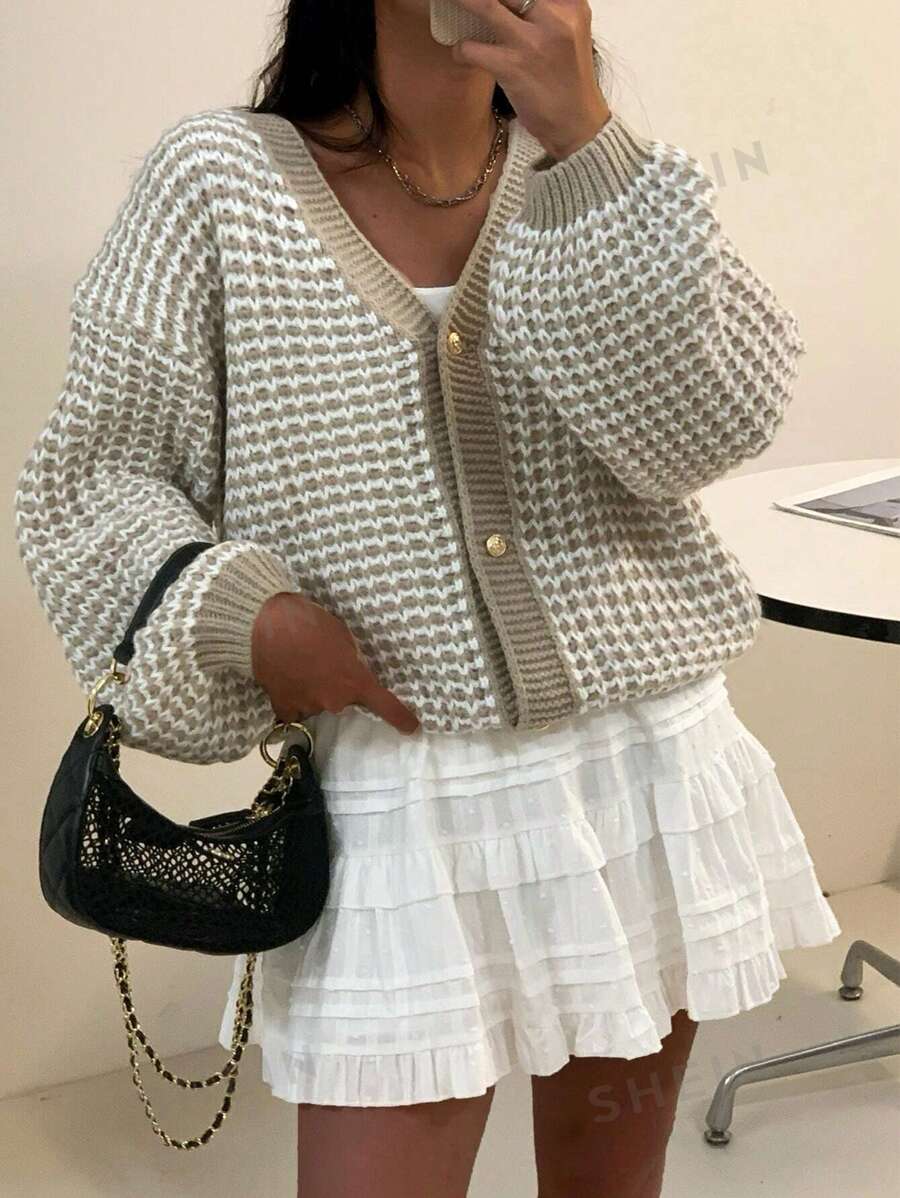 INAWLY Cárdigan de mujer con cuello en V, botones delanteros y mangas largas con estampado a cuadros