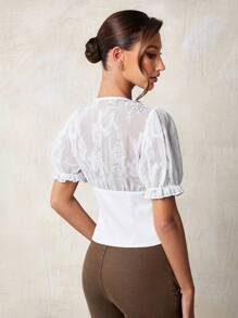 Glamine Top corto con vita arricciata, maniche a sbuffo, in stile jacquard e patchwork, per donne