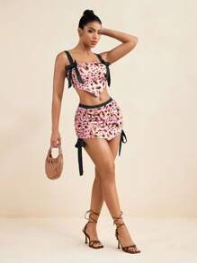 LUNA B Pink Leopard Print Elastic Waist Asymmetric Adjustable Drawstring Sexy Mini Skirt Summer Beach Women Summer Set Women 2 Pieces Outfits Petite In Woman Clothing Women Two Pieces Outfits Summer Women Two Pieces Outfits - Pink - View 1