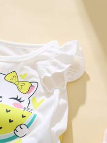 SHEIN Playful Pals 2 Stücke/Set Baby Mädchen Kleinkind 0-3 Jahre Sommer Neu Lässig Süß Cartoon Katze isst Wassermelone Muster Capshirt und rosa Herz Shorts Set
