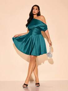 SHEIN BAE Plus Size Women's Elegant Asymmetric Open Shoulder Satin Dress, Suitable For Dates, Afternoon Tea, Party Gatherings, Women's Workwear, Summer Women's Outfits, Festival Outfits, Beach Outfits, Rave Outfits, Summer Dresses, Birthday Dresses