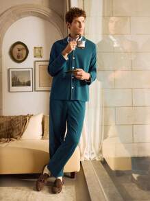 Men 2pcs/Set Pajama Set With Long Sleeve Top And Pants, Home Outfit - Green - View 3