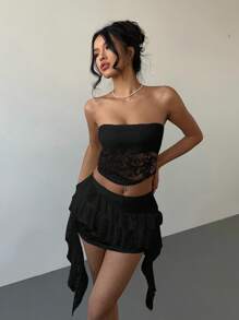 Aloruh 女士性感优雅蕾丝黑色抹胸和荷叶边下摆迷你裙两件套 - 黑色 - 查看 5
