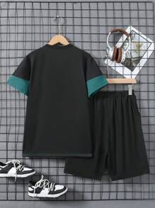 Teen Boy Colorblock Round Neck Short Sleeve T-Shirt And Shorts 2pcs/Set, Suitable For Summer - Green - View 2
