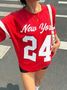 Dames Casual Color Blocking Letter Print Korte Mouw T-shirt, Lente/Zomer