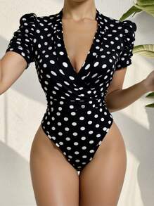 SHEIN SXY 女士短袖V领紧身衣，夏季时尚 - 黑與白 - 查看 1