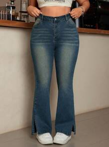 SHEIN ICON 大码休闲水洗做旧开叉喇叭牛仔裤 - 深色水洗藍 - 查看 1