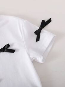 2 Pieces Set Baby Girl Summer New Style Bowknot Sweet Casual Short Sleeve Top + High Waist Flare Pants, Fashionable Korean Outfit