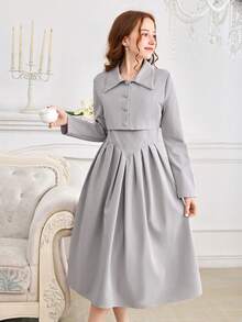 Teen Girls (Girl) 2Pcs Set: Elegant Vintage Woven Pleated Midi Dress & Retro Lapel Short Sleeve Jacket, Autumn/Winter - Grey - View 4