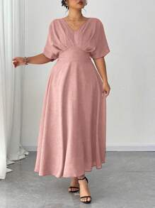 Elenzga Plus Size V-Neck Solid Color Short Sleeve Casual Dress, Simple & Fashionable For Everyday Wear,Valentine