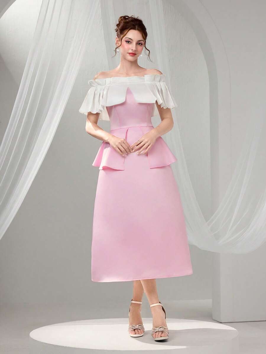 Poshira Elegant Off Shoulder A-Line Evening Gown Dress For Women,Contrast Color Embroidered Design Formal Maxi Dress,Graduation Gift,Summer Body Sequins Dress - Pink - View 1