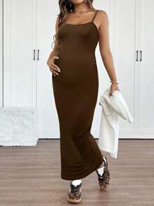 SHEIN Raglan Sleeve Top Paired With Solid Color Fitted Maternity Dress, 2 Pieces Set, Autumn - Brown - View 4