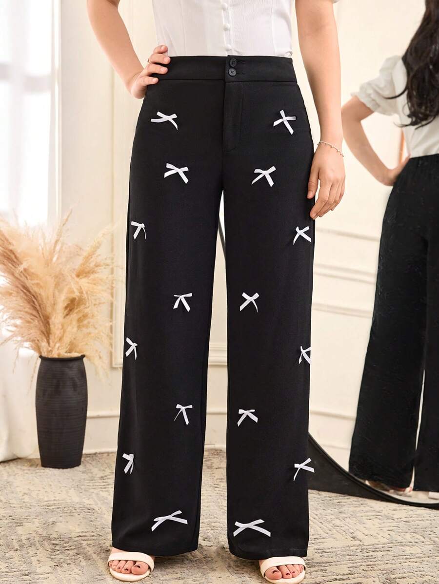 SHEIN Teen Girls' Loose Fit Color Blocking Bowknot Decor Straight Wide Leg Pants, Black - Black - View 1