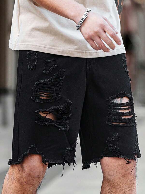 Manfinity LEGND Pantalones cortos de mezclilla casuales con bolsillos y dobladillo desgastado para hombres de talla grande