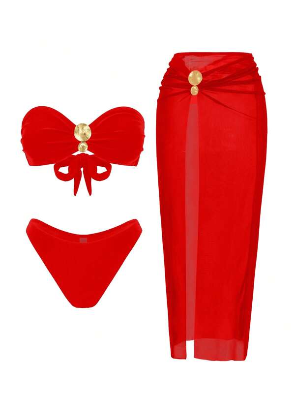 Swim Oasis Conjunto de bikini bandeau de 3 piezas en colores lisos con decoración metálica, complementado con falda de malla, elegante y sexy traje de baño para mujeres para vacaciones, fiestas en la playa