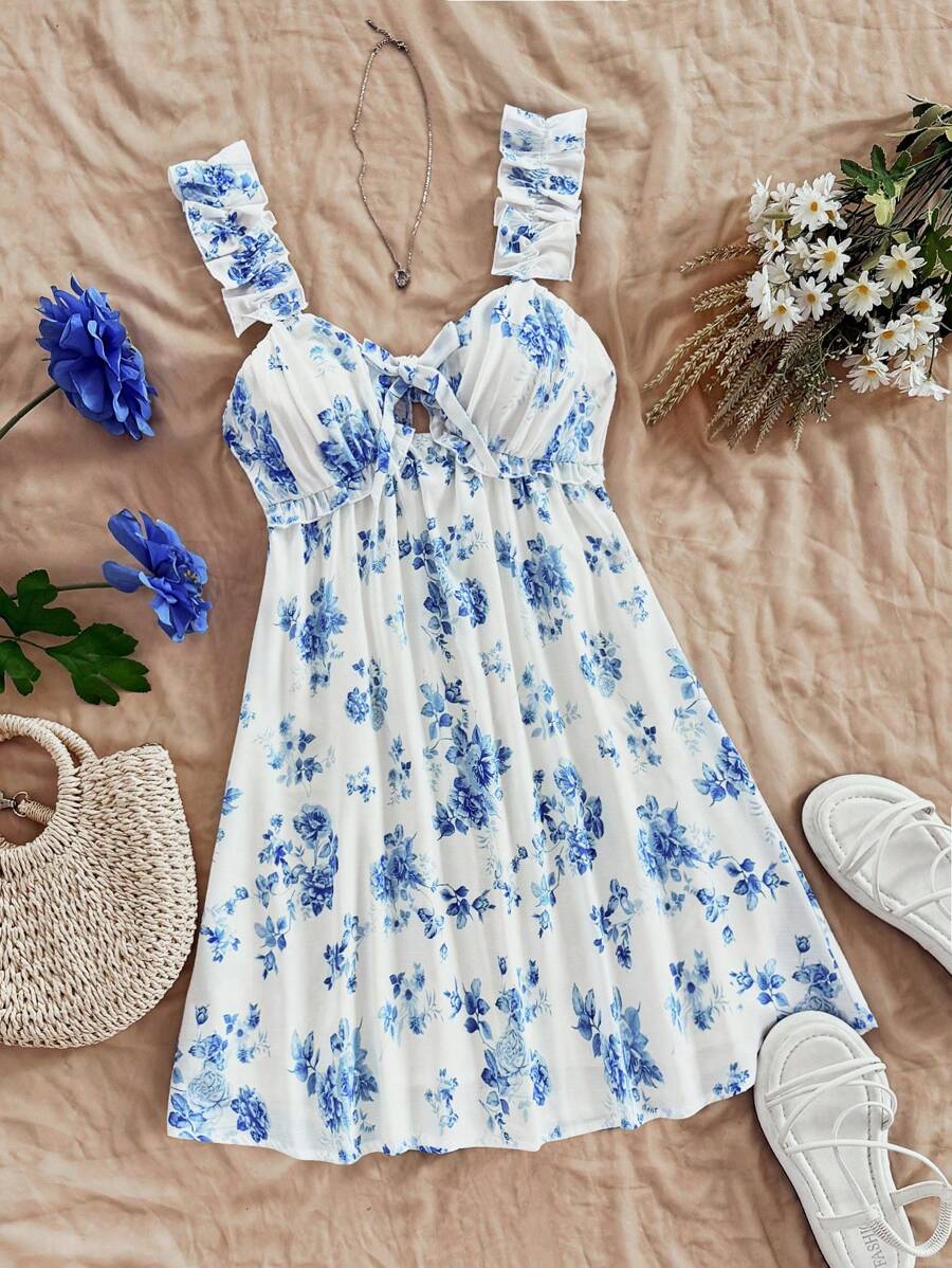 Soleia Trang phục lễ Phục sinh cho phụ nữ Boho Quần áo nữ Váy Milkmaid cho phụ nữ Trang phục Rave Váy tốt nghiệp lễ Phục sinh Trang phục mùa hè cho phụ nữ Váy Phục sinh mùa hè cho phụ nữ Trang phục kỳ nghỉ cho phụ nữ Váy ngắn dây có thiết kế nơ in hoa cho phụ nữ - Xanh và trắng - Xem 1