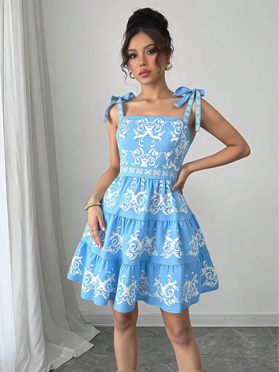 Rafferiza Váy ngắn dây mảnh thêu ren tối giản cổ điển mới thời trang - Màu xanh nhạt - Xem 1