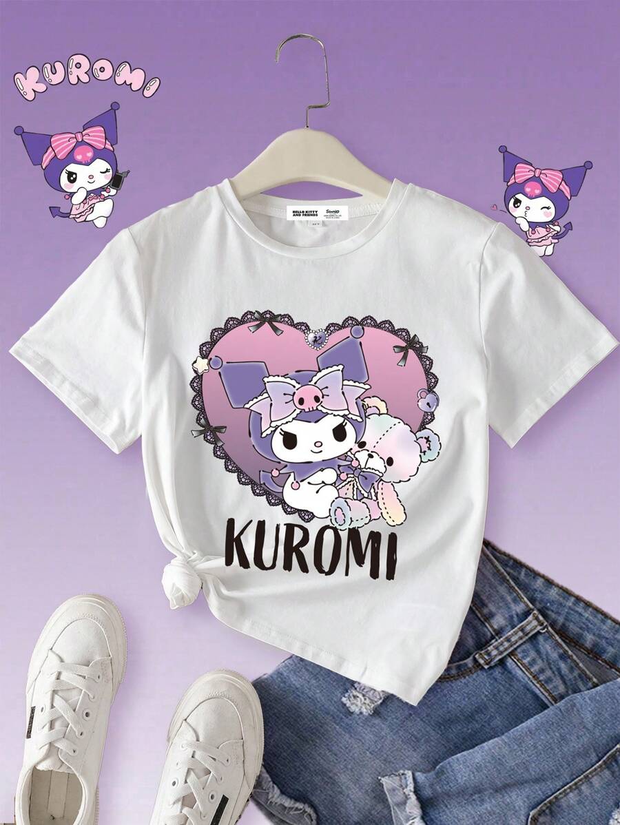 HELLO KITTY AND FRIENDS | SHEIN Girls' Monogram And Cartoon Love Bear Design Round Neck Cotton Short Sleeve T-Shirt ,Summer - White - View 1