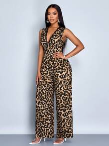SOLERSUN Women's Contrast Lace Leopard Print Deep V Sleeveless Wide Leg Jumpsuit, Elegant For Commuting And Casual Dating, Sexy & Romantic, Spring/Summer