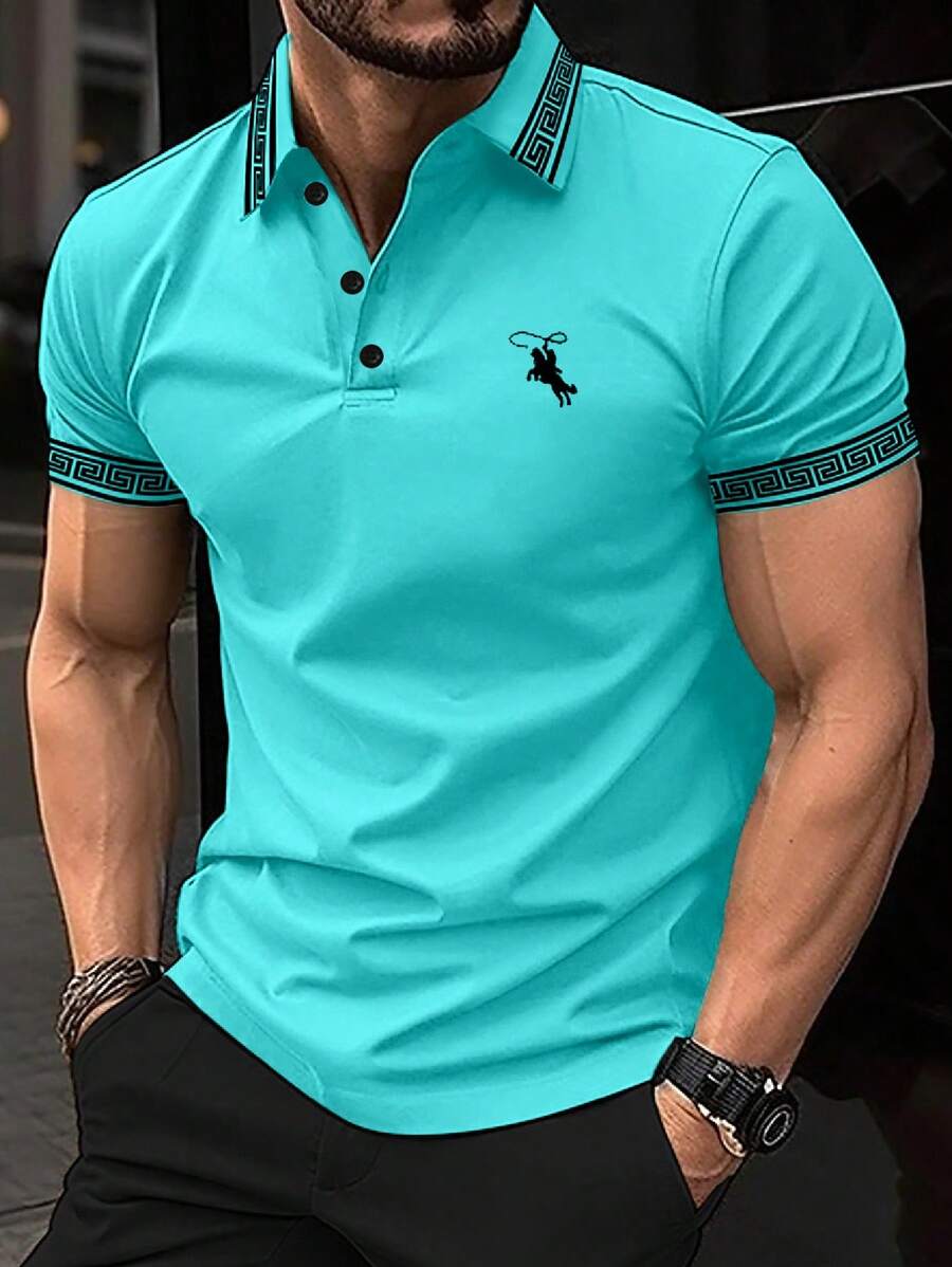 Manfinity Homme 男士几何印花短袖 Polo 衫,休闲夏季 - 水鴨藍 - 查看 1