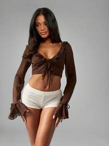 MISSGUIDED 荷叶边雪纺长袖短款上衣沙滩罩衫，喇叭袖，节日夏春波西米亚风格派对晚会穿着 - 棕色 - 查看 2
