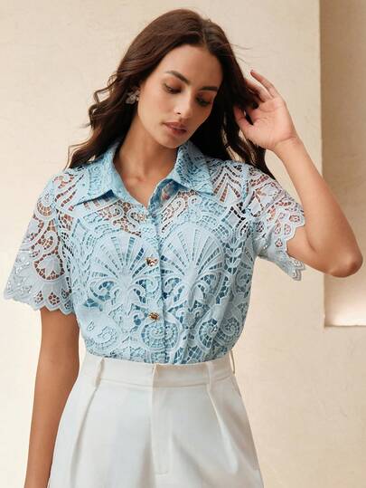 Women Elegant Romantic Pure Blue Lace Short Sleeve Blouse, Spring, Summer, Casual, Holiday, Festival, Beach