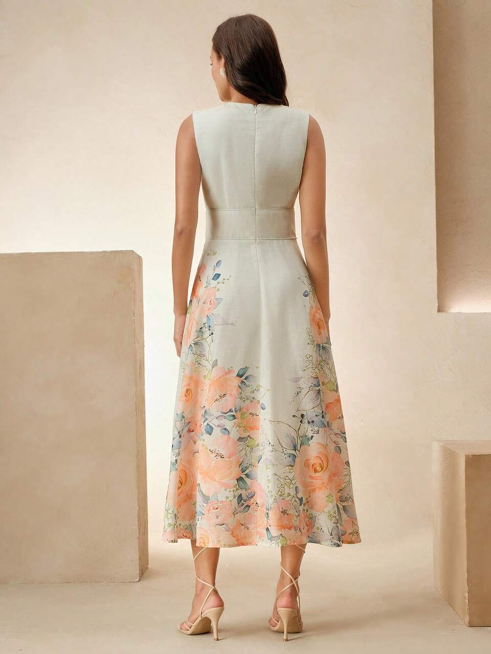 French Design Deep V-Neck Positioning Print Sleeveless Fashionable Mid-Length Floral Dress For Women