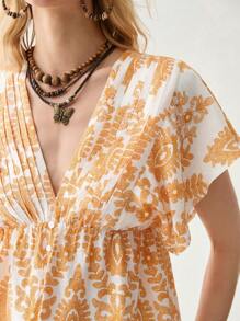 Florisole Women's Boho Woven Fabric Blouse With Deep V Neck And Short Sleeves Featuring A Chic Wrap Design And Regular Hem - Multicolor - View 2