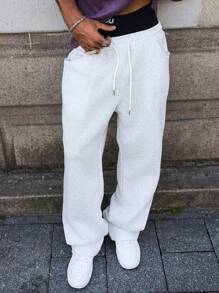 Manfinity Hypemode Men's Casual Elastic Waist Wide Leg Sweatpants With Dual Side Pockets - White - View 6