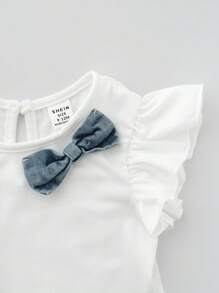 SHEIN Vintaside Kids 2pcs/Set Baby Girl Cute Cap Sleeve T-Shirt Top With Layered Ruffle Hem & Denim Shorts, Spring/Summer Outfit - White - View 7