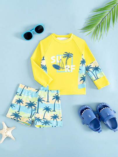 SHEIN GraphicGems Baby Boy Tropical Holiday Themed Printed 2pcs Set - Short Sleeve Top + Shorts, Suitable For Vacation & Pool Play