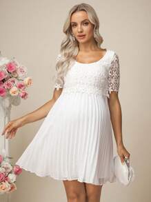 SHEIN 白色纹理提花短款孕妇装婚纱 - 白色 - 查看 7