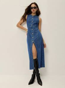 Poéselle Women's Sleeveless Solid Color Front Button Up Slit Thigh Denim Dress - Medium Wash - View 6