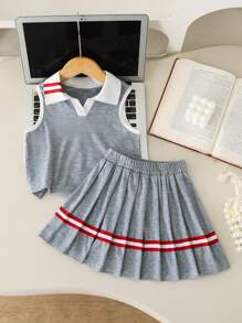 SHEIN Explorewe Young Girl Summer Sports Collegiate Style Tank Top And Pleated Mini Skirt 2 Pieces Set - Grey - View 6