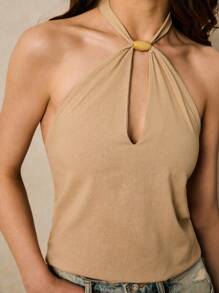 Poéselle 亚麻背心，串珠饰边，狂欢/伊比沙岛/狂欢/乡村音乐会/狂欢节/纳什维尔，女士夏季简约纯色镂空露背上衣 - 卡其色 - 查看 3