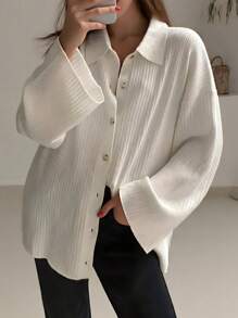 INAWLY Women Simple Solid Color Loose Drop Shoulder Front Button Cardigan - White - View 4