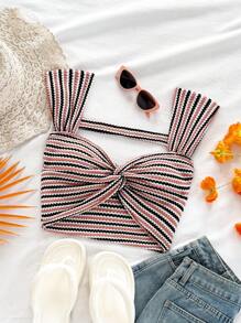 Soleia Women's Vacation Knitted Striped Front Twist Cropped Top - Multicolor - View 6